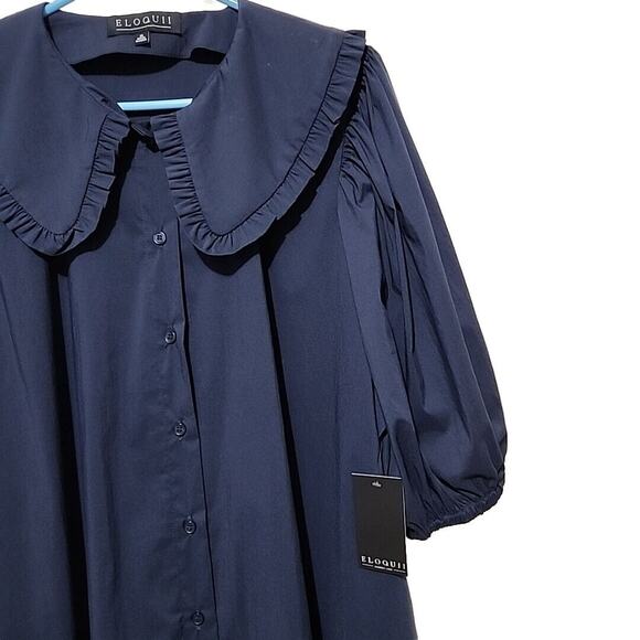 Eloquii Oversized Ruffle Collar Shirt Dress Button Down Navy size 18 D03-0284 - Picture 6 of 11
